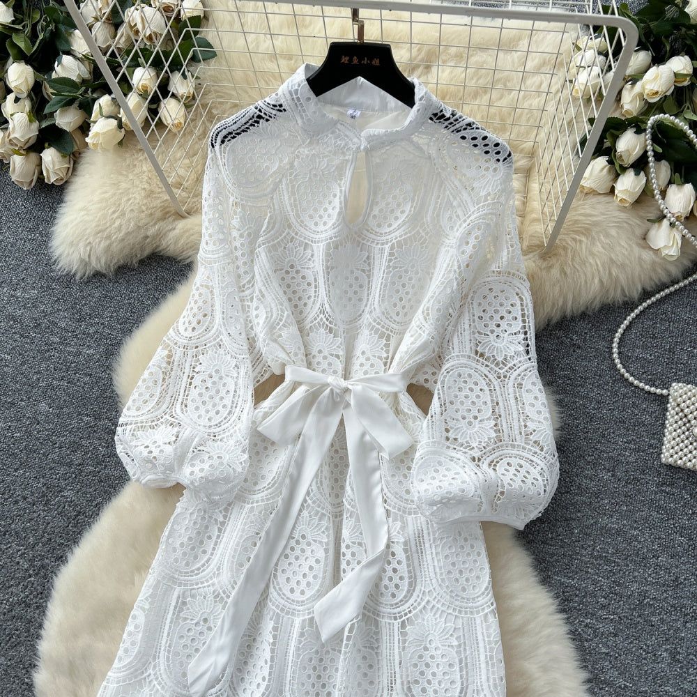 CM-DY038926 Women Elegant European Style Round Neck Long Sleeve Hollow Mid-Length Dress (Available in 7 colors)