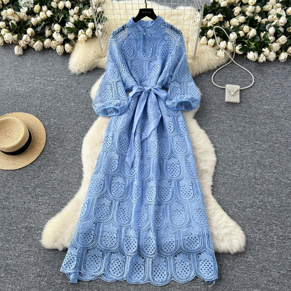 CM-DY038926 Women Elegant European Style Round Neck Long Sleeve Hollow Mid-Length Dress (Available in 7 colors)