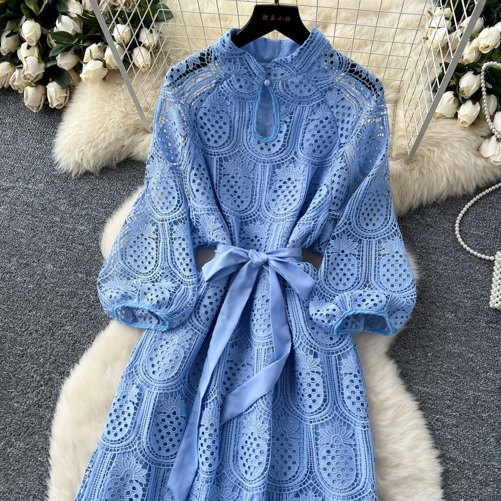 CM-DY038926 Women Elegant European Style Round Neck Long Sleeve Hollow Mid-Length Dress (Available in 7 colors)