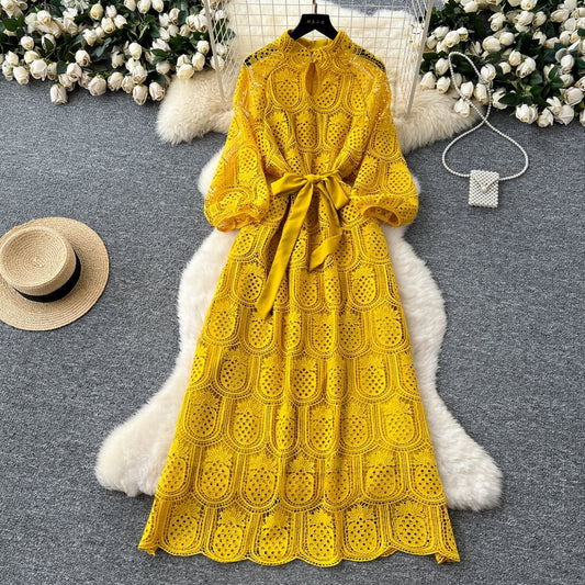 CM-DY038926 Women Elegant European Style Round Neck Long Sleeve Hollow Mid-Length Dress (Available in 7 colors)
