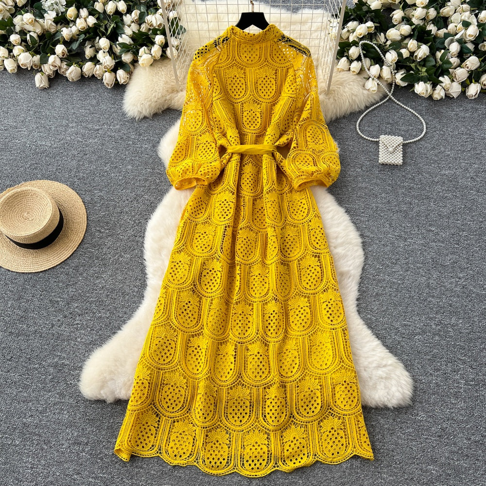 CM-DY038926 Women Elegant European Style Round Neck Long Sleeve Hollow Mid-Length Dress (Available in 7 colors)