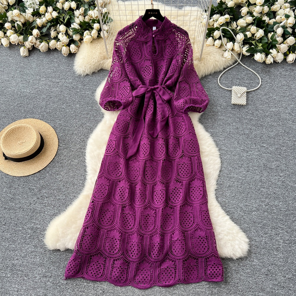 CM-DY038926 Women Elegant European Style Round Neck Long Sleeve Hollow Mid-Length Dress (Available in 7 colors)