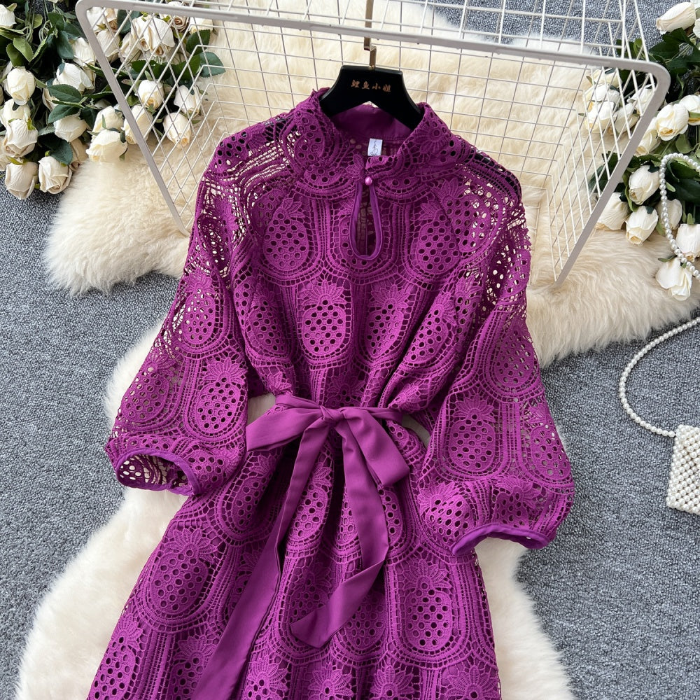 CM-DY038926 Women Elegant European Style Round Neck Long Sleeve Hollow Mid-Length Dress (Available in 7 colors)
