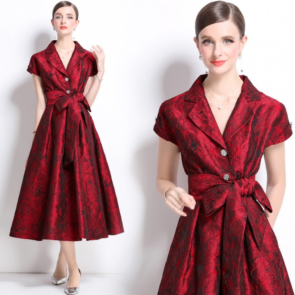 CM-DY039090 Women Elegant European Style V-Neck Short Sleeve Jacquard Mid-Length Dress - Red