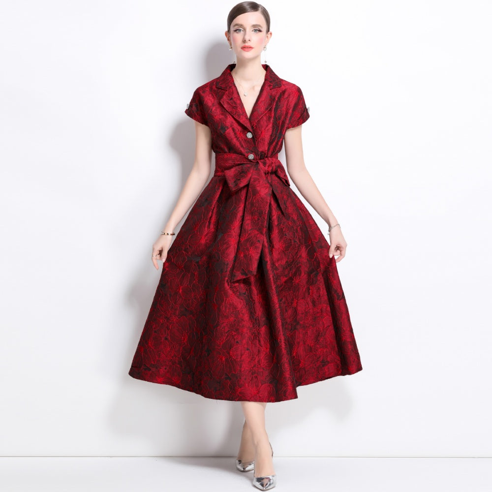 CM-DY039090 Women Elegant European Style V-Neck Short Sleeve Jacquard Mid-Length Dress - Red