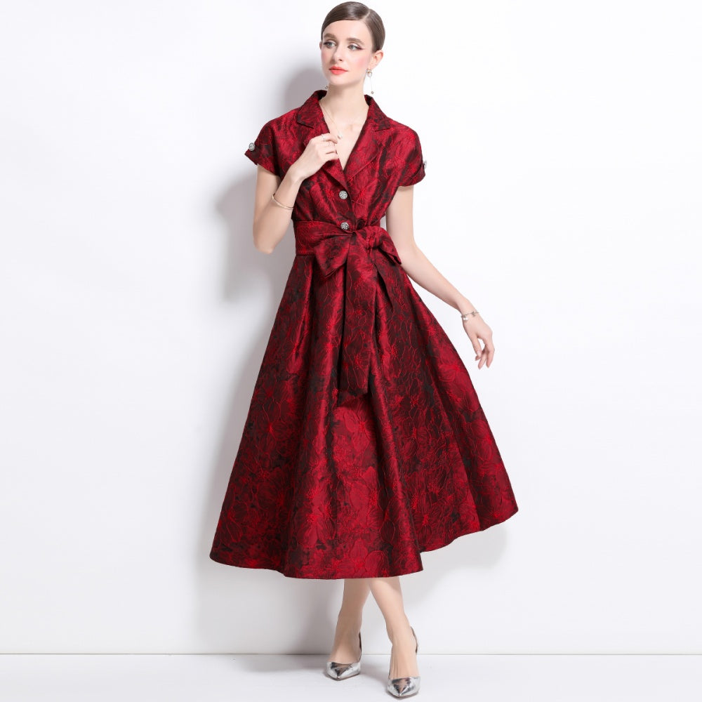 CM-DY039090 Women Elegant European Style V-Neck Short Sleeve Jacquard Mid-Length Dress - Red