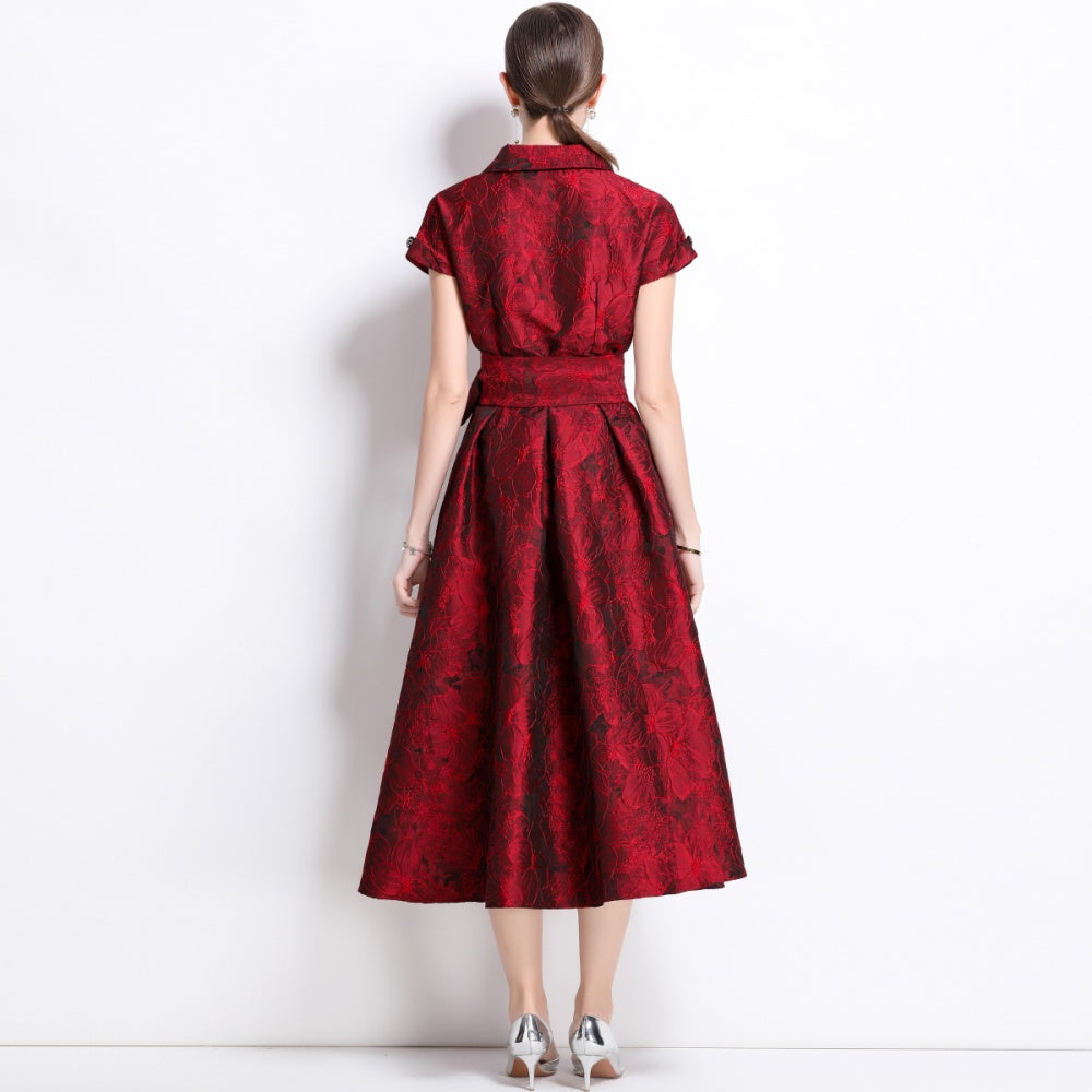 CM-DY039090 Women Elegant European Style V-Neck Short Sleeve Jacquard Mid-Length Dress - Red