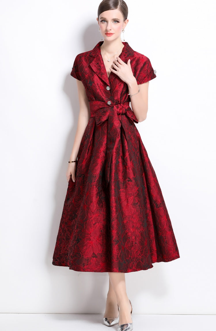 CM-DY039090 Women Elegant European Style V-Neck Short Sleeve Jacquard Mid-Length Dress - Red