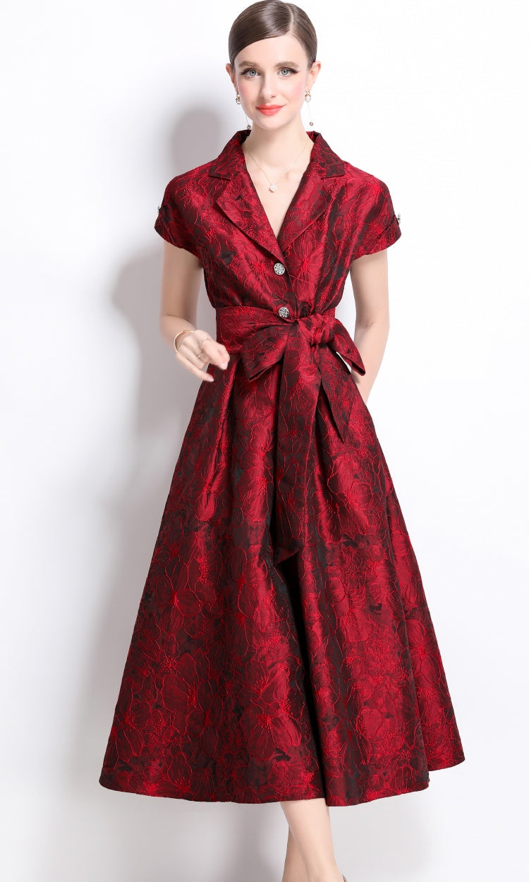 CM-DY039090 Women Elegant European Style V-Neck Short Sleeve Jacquard Mid-Length Dress - Red