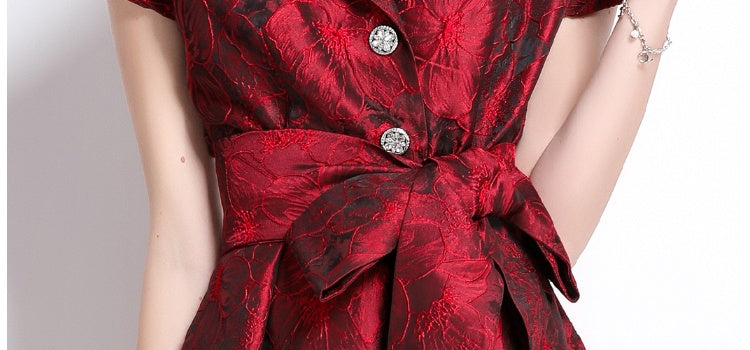CM-DY039090 Women Elegant European Style V-Neck Short Sleeve Jacquard Mid-Length Dress - Red