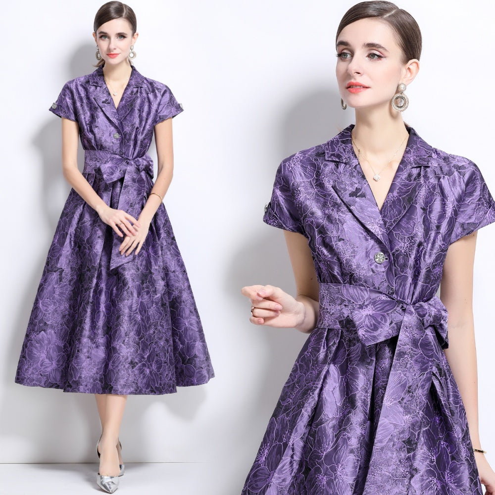 CM-DY039091 Women Elegant European Style V-Neck Short Sleeve Jacquard Mid-Length Dress - Purple