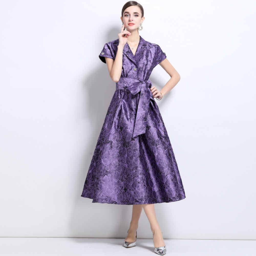 CM-DY039091 Women Elegant European Style V-Neck Short Sleeve Jacquard Mid-Length Dress - Purple