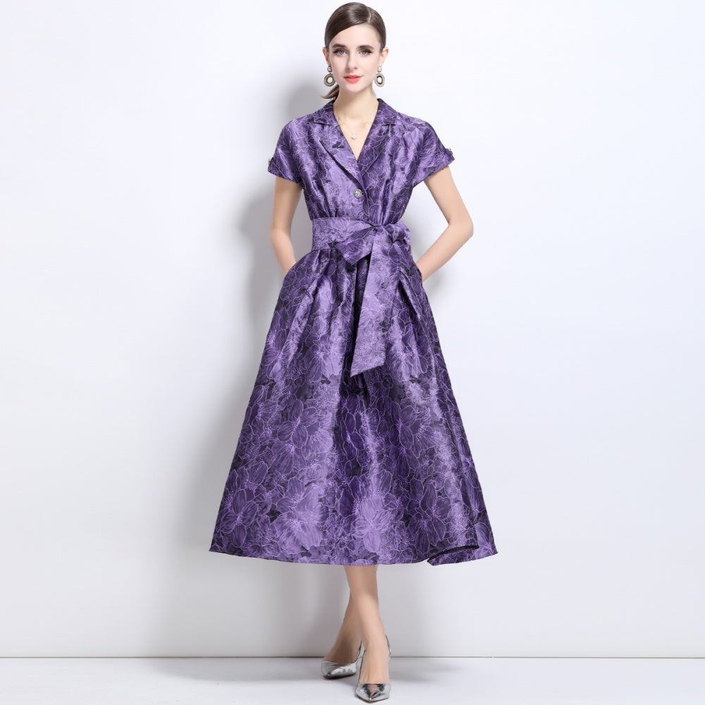 CM-DY039091 Women Elegant European Style V-Neck Short Sleeve Jacquard Mid-Length Dress - Purple