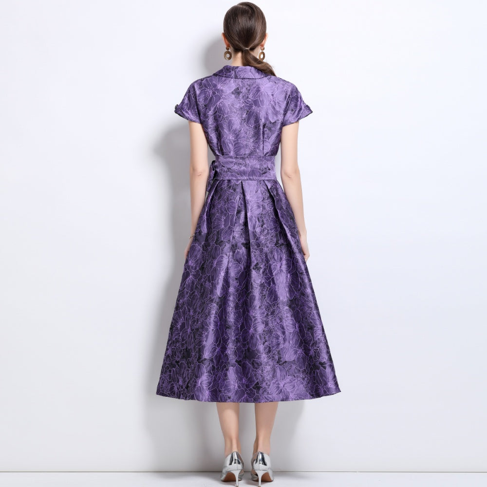 CM-DY039091 Women Elegant European Style V-Neck Short Sleeve Jacquard Mid-Length Dress - Purple