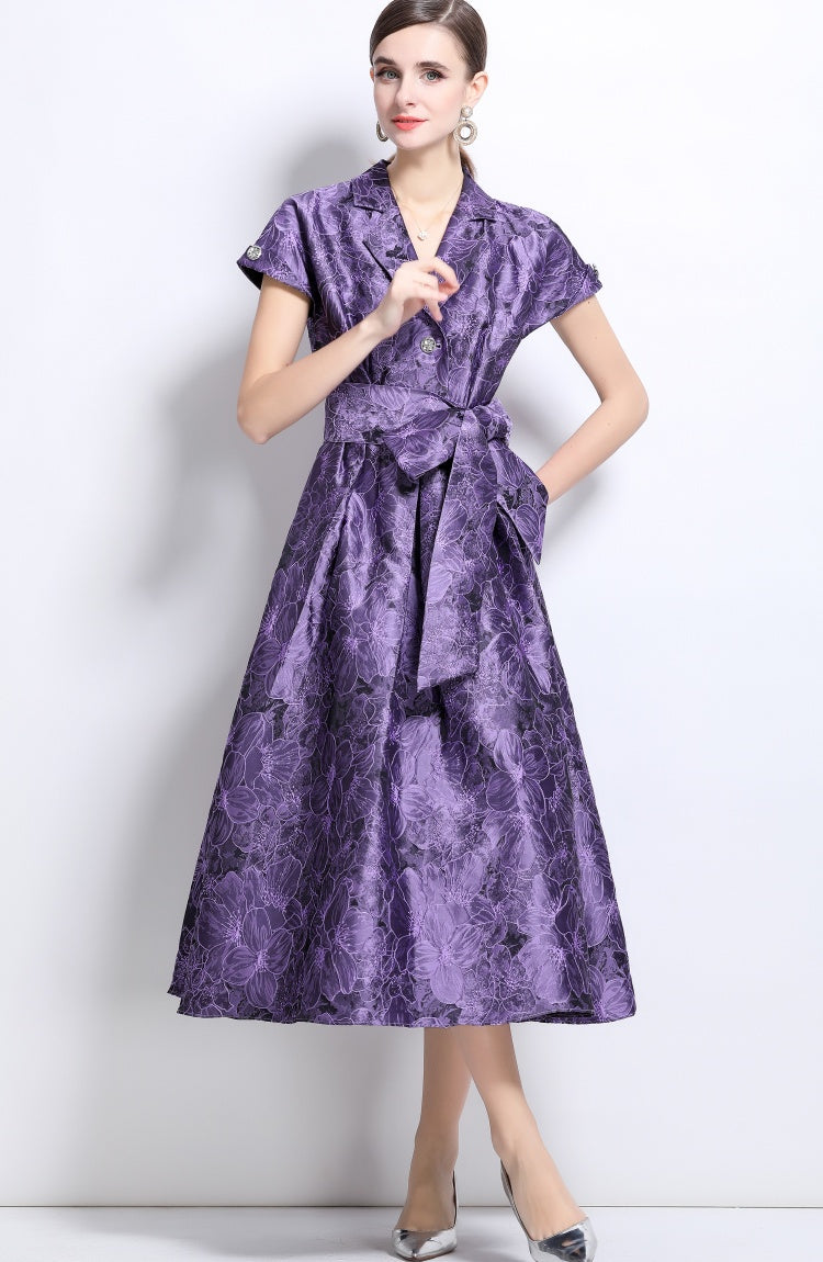 CM-DY039091 Women Elegant European Style V-Neck Short Sleeve Jacquard Mid-Length Dress - Purple