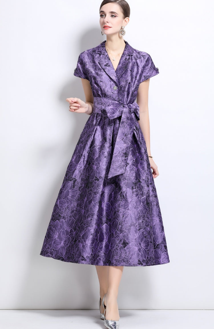 CM-DY039091 Women Elegant European Style V-Neck Short Sleeve Jacquard Mid-Length Dress - Purple