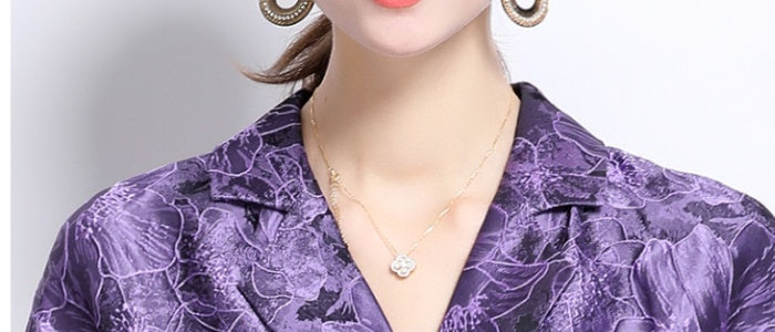 CM-DY039091 Women Elegant European Style V-Neck Short Sleeve Jacquard Mid-Length Dress - Purple