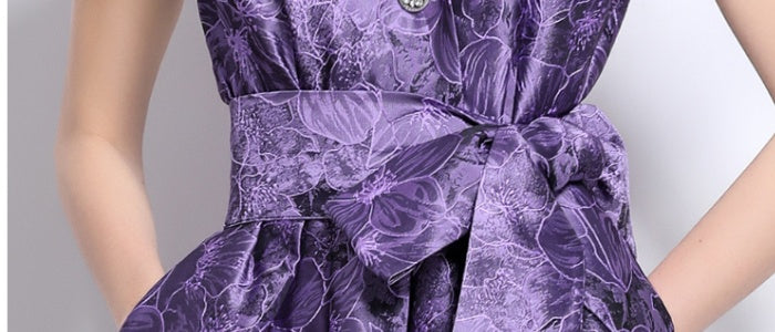 CM-DY039091 Women Elegant European Style V-Neck Short Sleeve Jacquard Mid-Length Dress - Purple