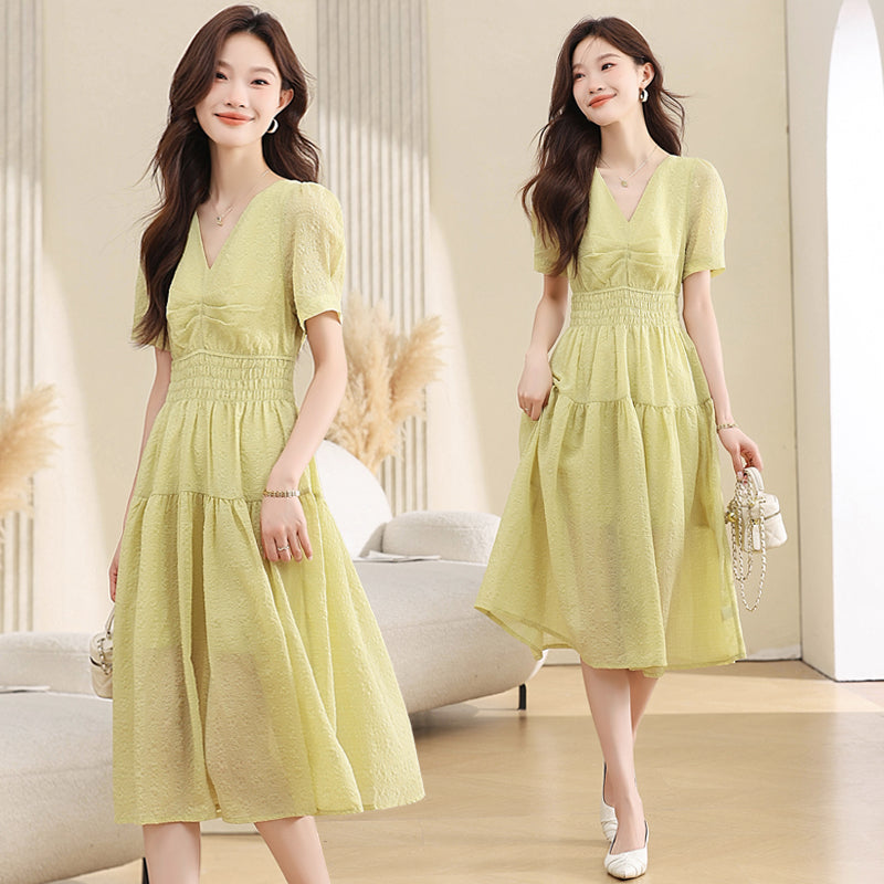CM-DY039294 Women Casual Seoul Style V-Neck Short Sleeve High Waist Mid-Length Dress