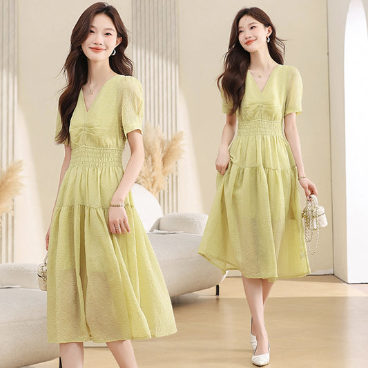 CM-DY039294 Women Casual Seoul Style V-Neck Short Sleeve High Waist Mid-Length Dress