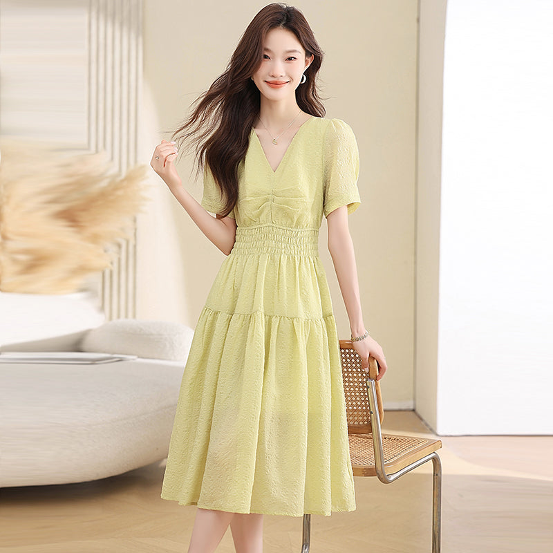 CM-DY039294 Women Casual Seoul Style V-Neck Short Sleeve High Waist Mid-Length Dress
