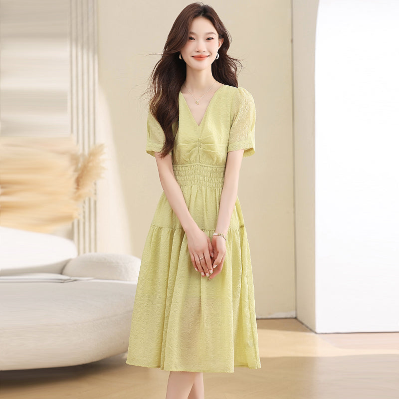 CM-DY039294 Women Casual Seoul Style V-Neck Short Sleeve High Waist Mid-Length Dress