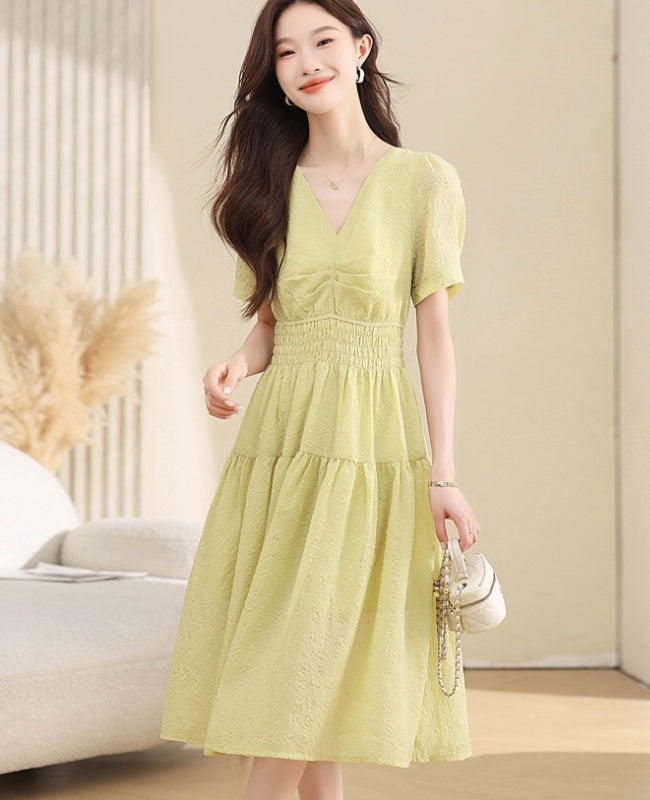 CM-DY039294 Women Casual Seoul Style V-Neck Short Sleeve High Waist Mid-Length Dress