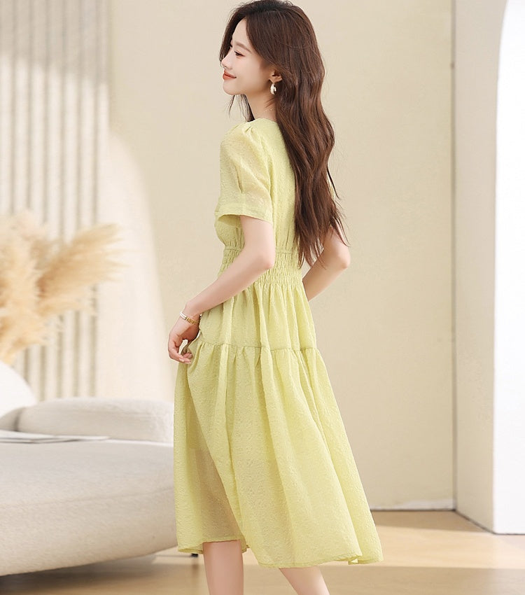 CM-DY039294 Women Casual Seoul Style V-Neck Short Sleeve High Waist Mid-Length Dress