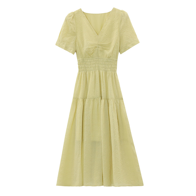 CM-DY039294 Women Casual Seoul Style V-Neck Short Sleeve High Waist Mid-Length Dress