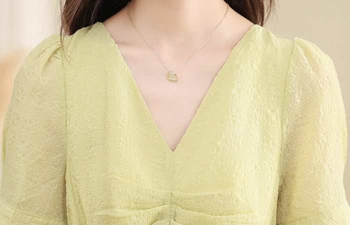 CM-DY039294 Women Casual Seoul Style V-Neck Short Sleeve High Waist Mid-Length Dress