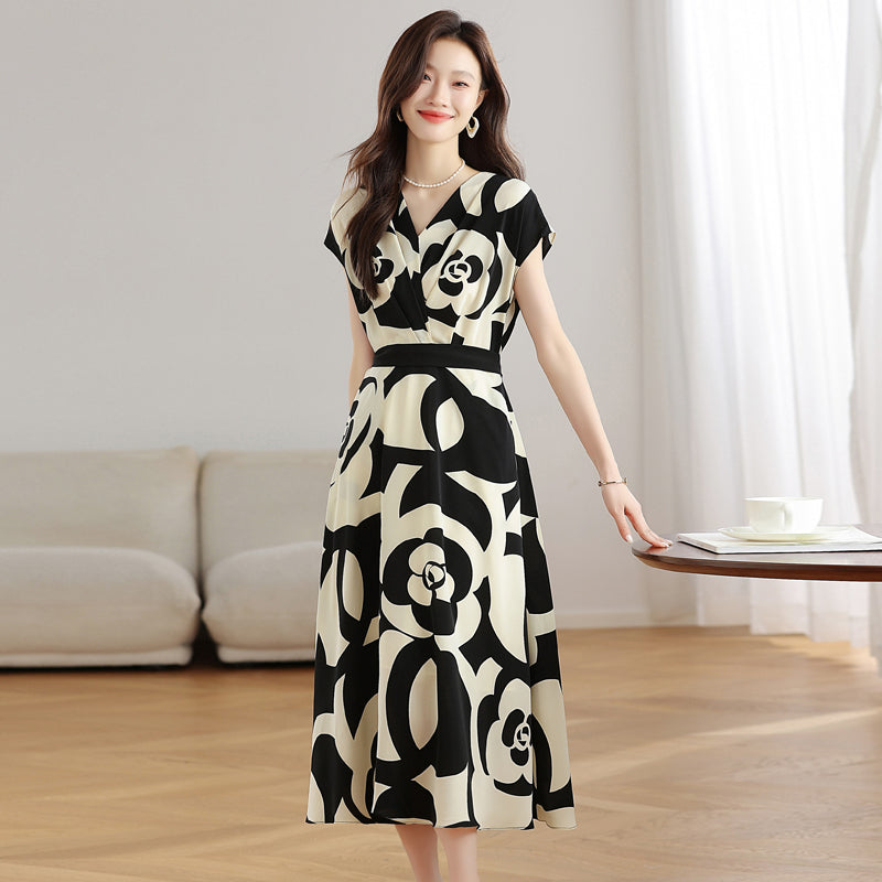 CM-DY039296 Women Casual Seoul Style Floral Print V-Neck Short Sleeve Mid-Length Dress
