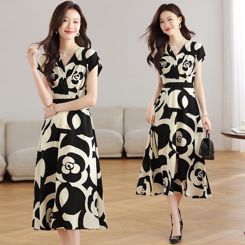 CM-DY039296 Women Casual Seoul Style Floral Print V-Neck Short Sleeve Mid-Length Dress