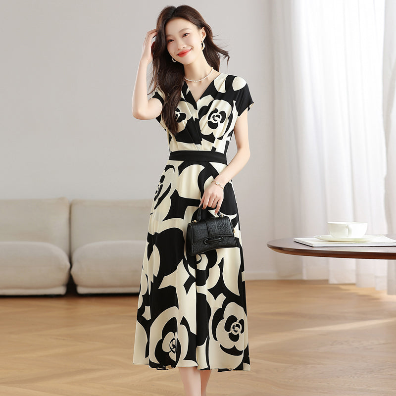 CM-DY039296 Women Casual Seoul Style Floral Print V-Neck Short Sleeve Mid-Length Dress