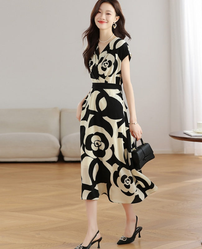 CM-DY039296 Women Casual Seoul Style Floral Print V-Neck Short Sleeve Mid-Length Dress