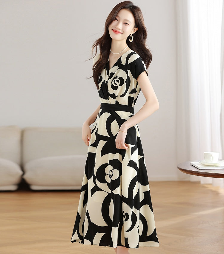 CM-DY039296 Women Casual Seoul Style Floral Print V-Neck Short Sleeve Mid-Length Dress