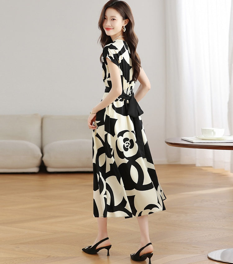 CM-DY039296 Women Casual Seoul Style Floral Print V-Neck Short Sleeve Mid-Length Dress