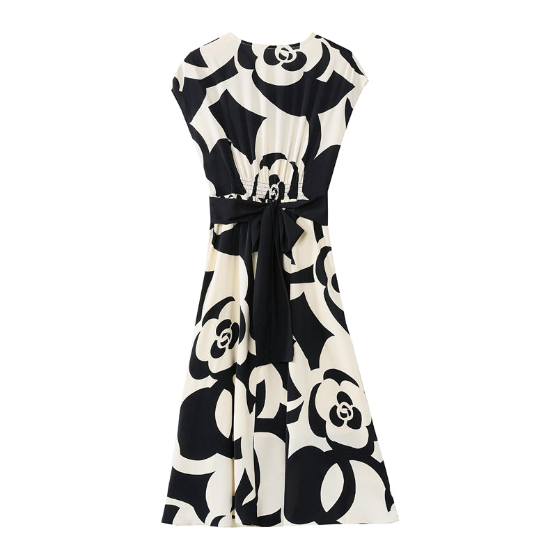 CM-DY039296 Women Casual Seoul Style Floral Print V-Neck Short Sleeve Mid-Length Dress