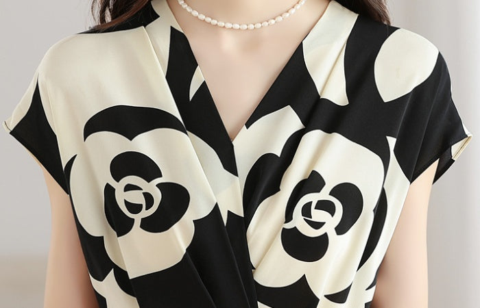 CM-DY039296 Women Casual Seoul Style Floral Print V-Neck Short Sleeve Mid-Length Dress