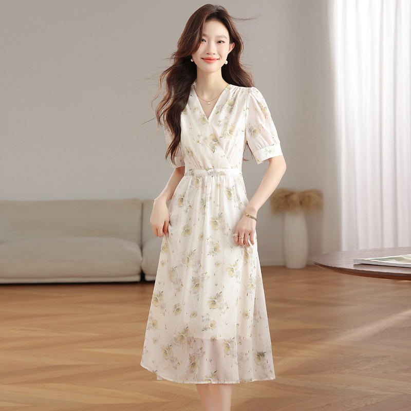 CM-DY039297 Women Casual Seoul Style Floral Print V-Neck Short Sleeve Mid-Length Dress