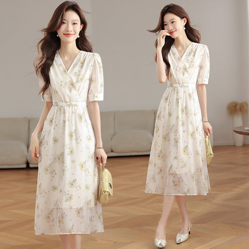 CM-DY039297 Women Casual Seoul Style Floral Print V-Neck Short Sleeve Mid-Length Dress