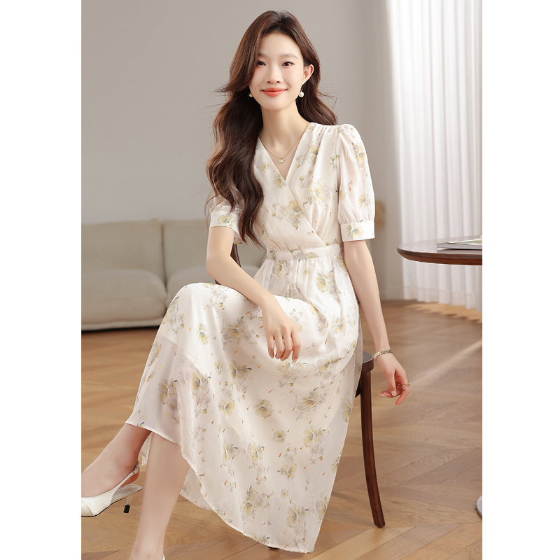 CM-DY039297 Women Casual Seoul Style Floral Print V-Neck Short Sleeve Mid-Length Dress