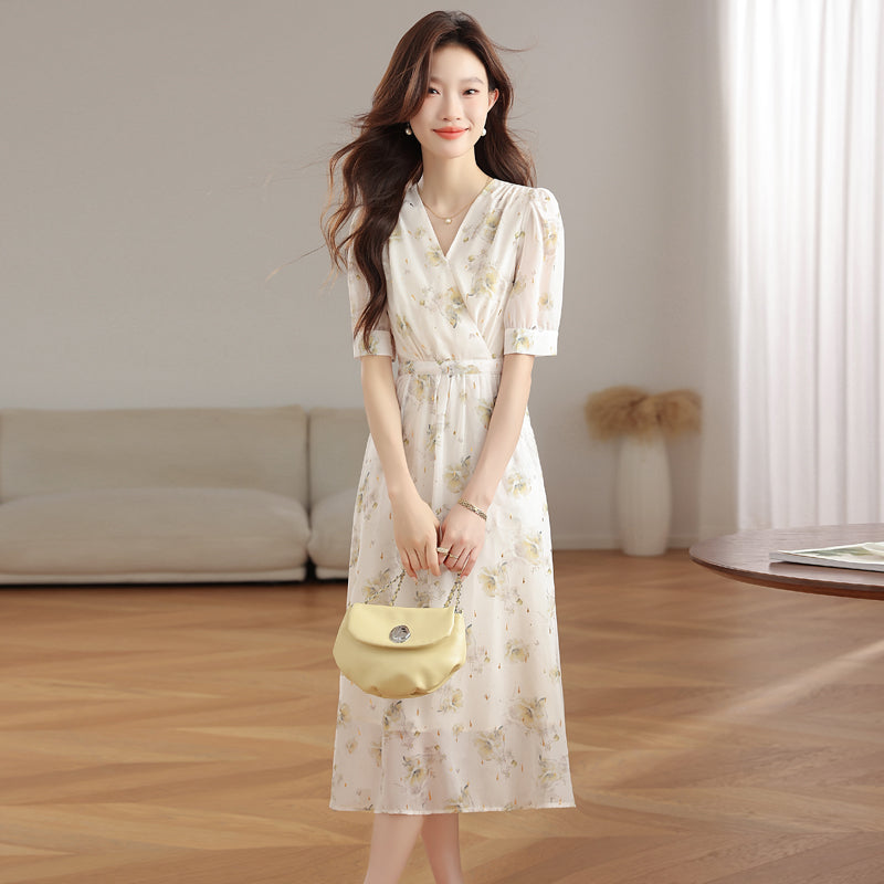 CM-DY039297 Women Casual Seoul Style Floral Print V-Neck Short Sleeve Mid-Length Dress