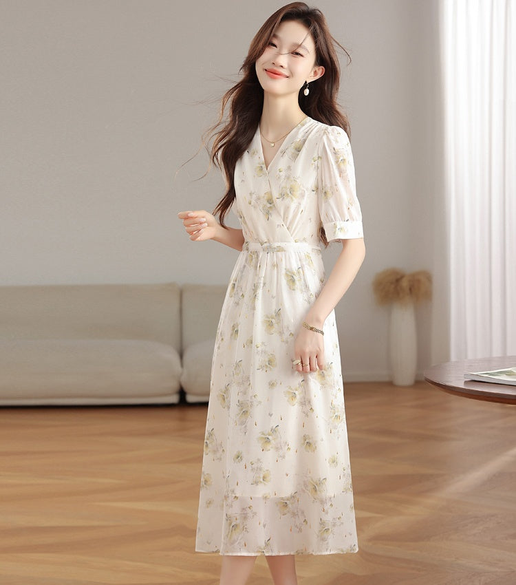 CM-DY039297 Women Casual Seoul Style Floral Print V-Neck Short Sleeve Mid-Length Dress
