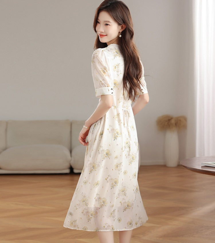 CM-DY039297 Women Casual Seoul Style Floral Print V-Neck Short Sleeve Mid-Length Dress