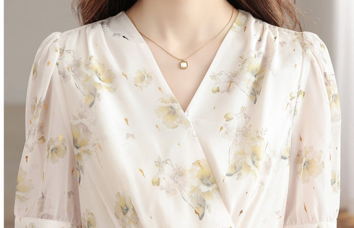 CM-DY039297 Women Casual Seoul Style Floral Print V-Neck Short Sleeve Mid-Length Dress