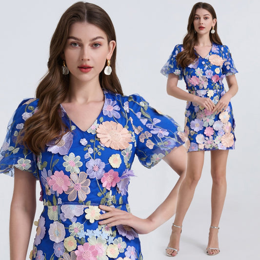 CM-DY039302 Women Elegant European Style V-Neck Short Sleeve Applique Mini Dress - Navy Blue