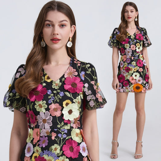 CM-DY039302 Women Elegant European Style V-Neck Short Sleeve Applique Mini Dress - Black