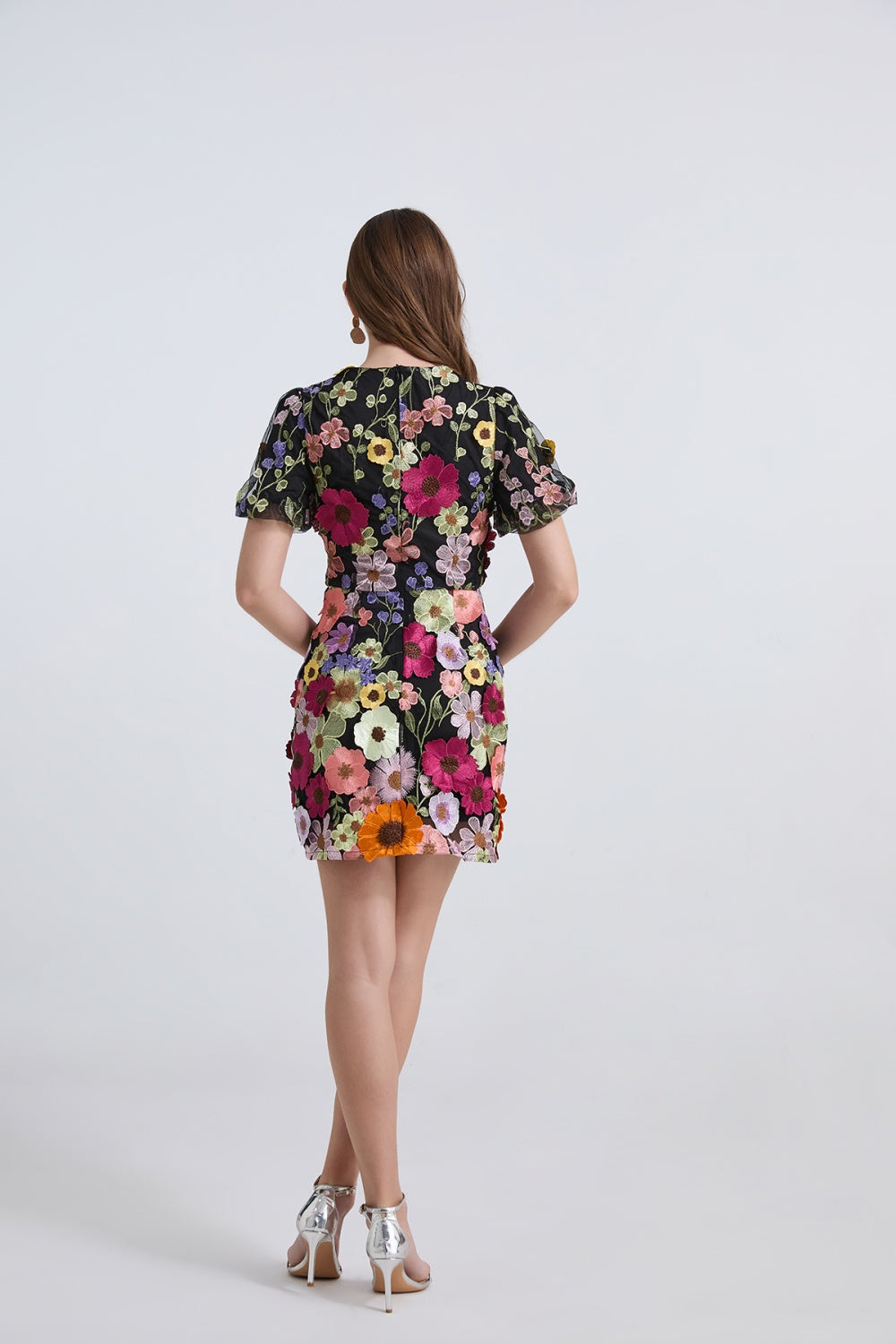 CM-DY039302 Women Elegant European Style V-Neck Short Sleeve Applique Mini Dress - Black