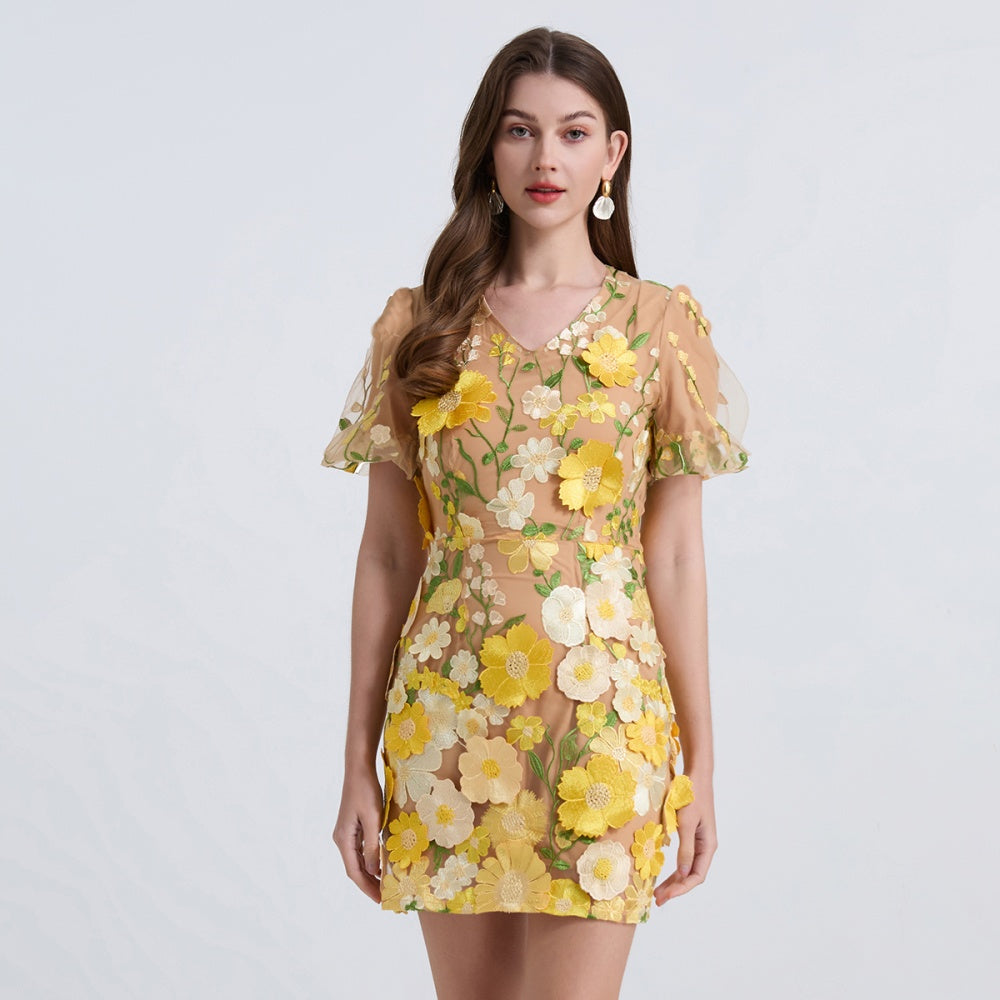 CM-DY039302 Women Elegant European Style V-Neck Short Sleeve Applique Mini Dress - Yellow