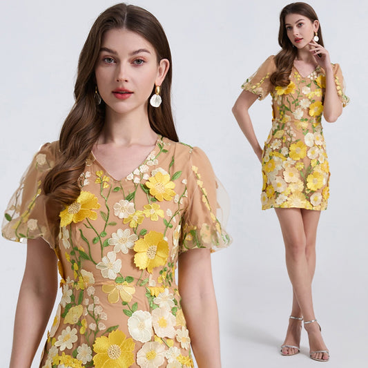 CM-DY039302 Women Elegant European Style V-Neck Short Sleeve Applique Mini Dress - Yellow